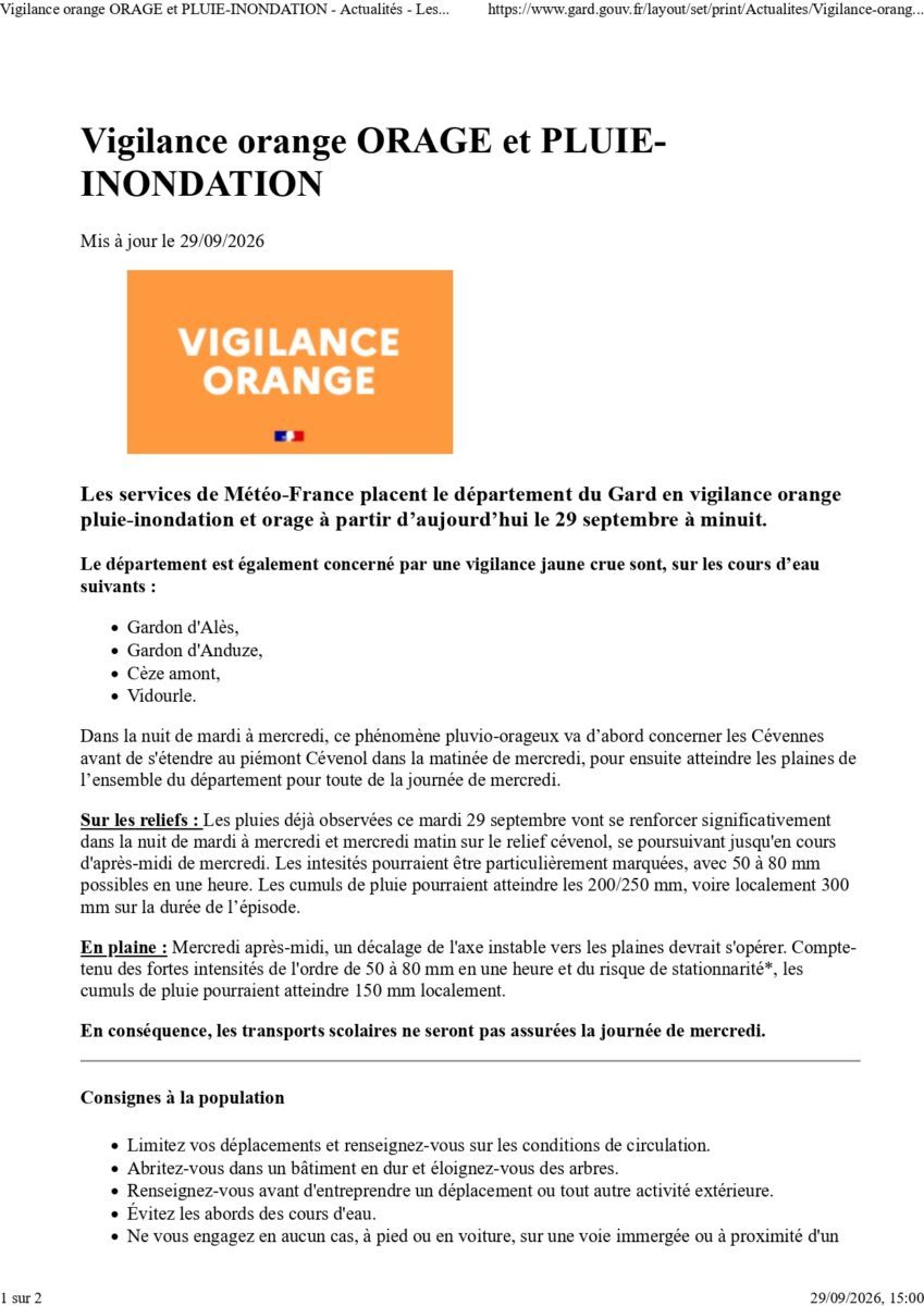 vigilance orange orage et pluie inondation actualités les services de l'État dans le gard page 0001